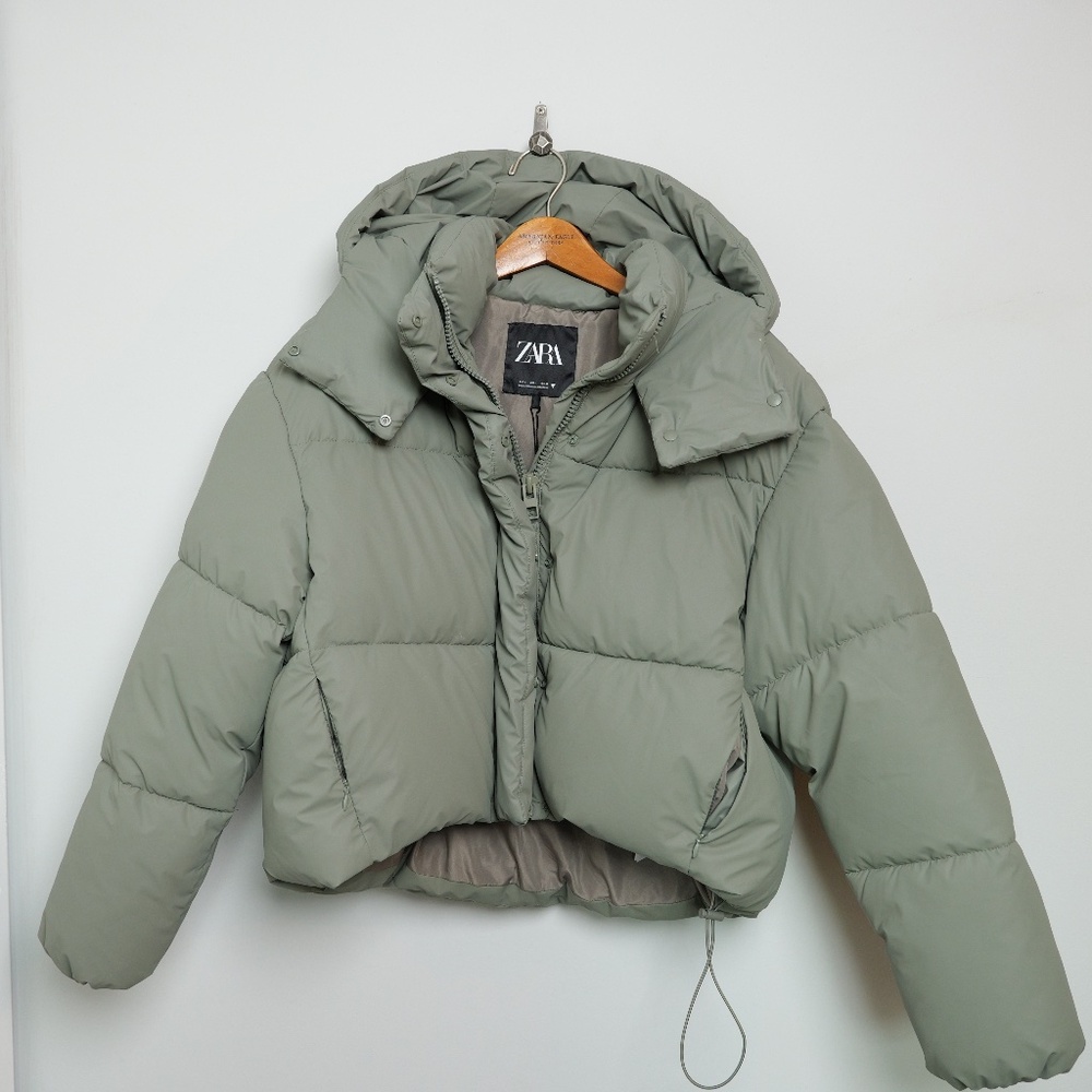 Zara Rubberized Green/Olive Puffer Jacket Sz L